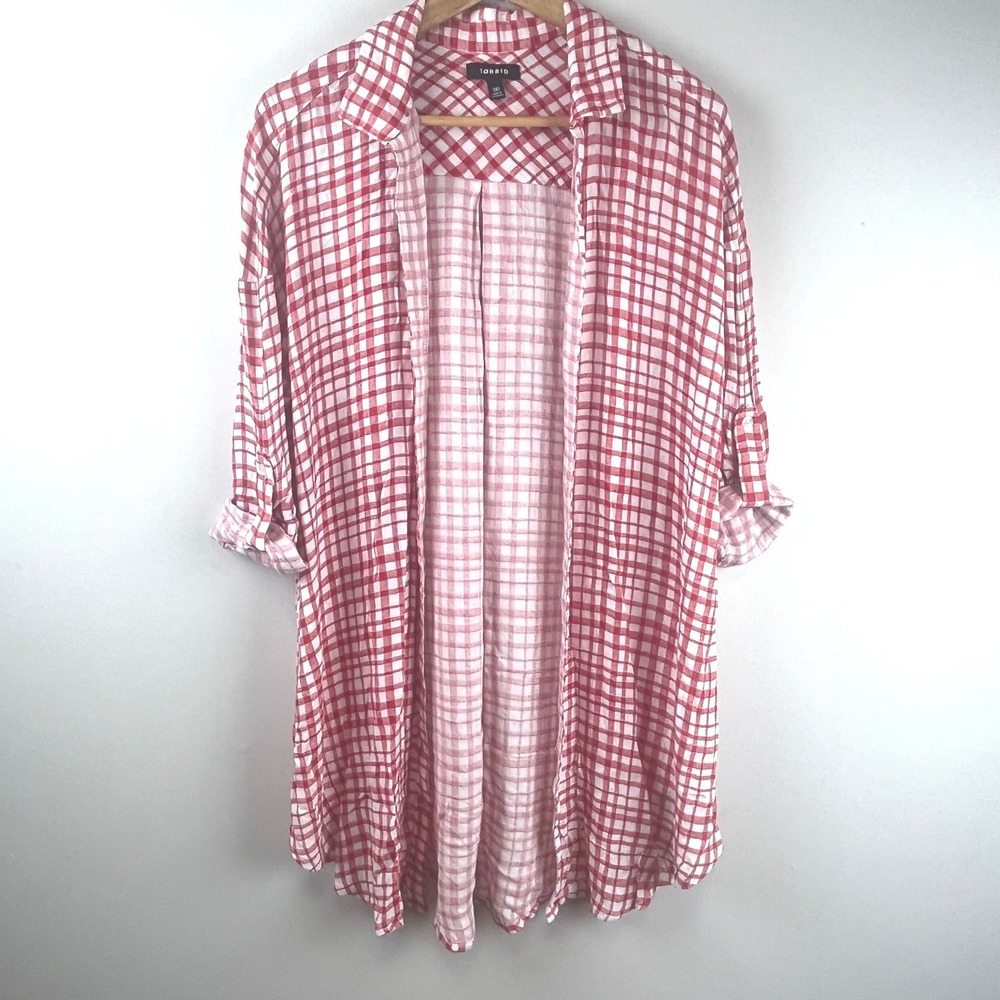 2/$30 Torrid Red White Checkered Plaid Roll Tab Sleeve Duster Tunic Size Large